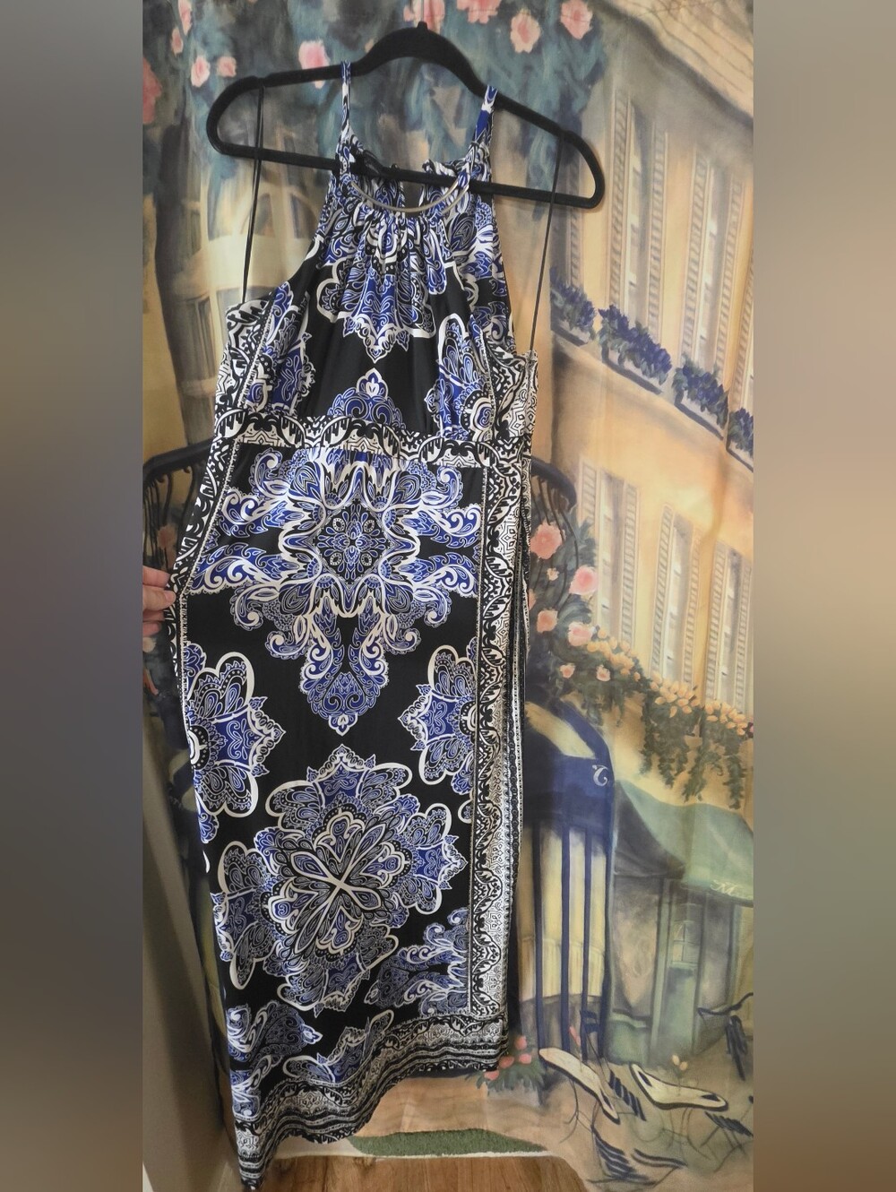 Women’s Black and Blue Paisley Halter Maxi Dress